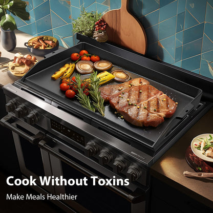 Utheer 25" x 16" Cast Iron Griddle for Gas Grill and Stove Top, Universal Flat Top Griddle with Pre-Seasoned Nonstick Coating, X-Shaped Reinforced Ridges, Perfect for Healthy Cooking, Parties, Camping