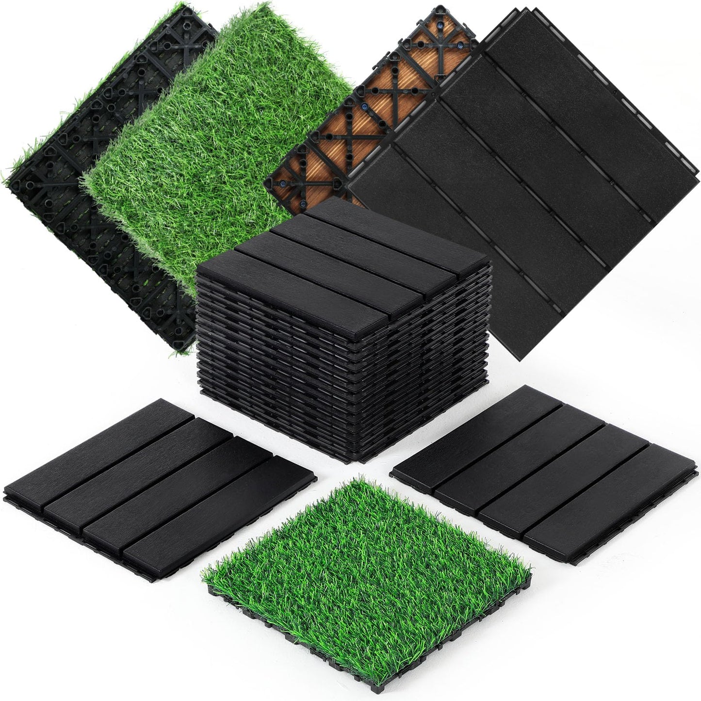 Treela 48 Pcs 12"x12" Plastic Interlocking Deck Tiles and Artificial Grass Tiles Waterproof Patio Balcony Flooring Covers 46.5 Sq. ft for Balcony Patio Deck Flooring Decor