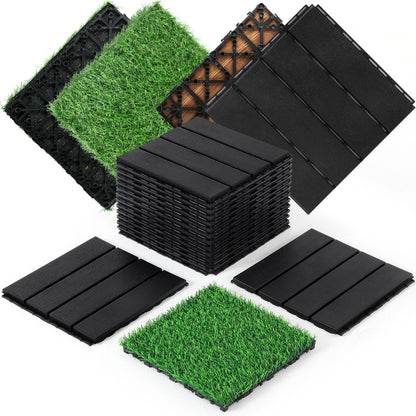 Treela 48 Pcs 12"x12" Plastic Interlocking Deck Tiles and Artificial Grass Tiles Waterproof Patio Balcony Flooring Covers 46.5 Sq. ft for Balcony Patio Deck Flooring Decor