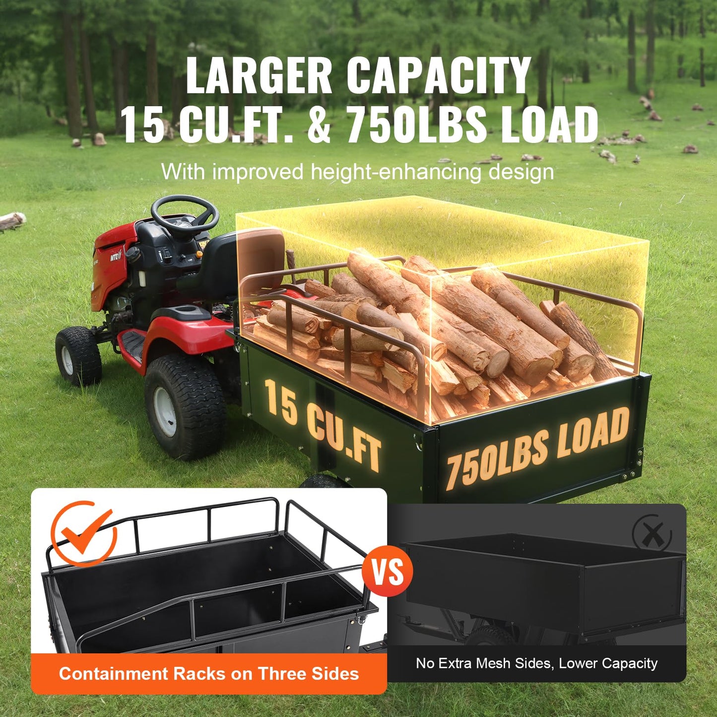 VEVOR Heavy Duty ATV Trailer Steel Dump Cart, 750 lbs 15 Cubic Feet, Garden Utility Trailer Yard Trailers with Removable Sides for Riding Lawn Mower Tractor