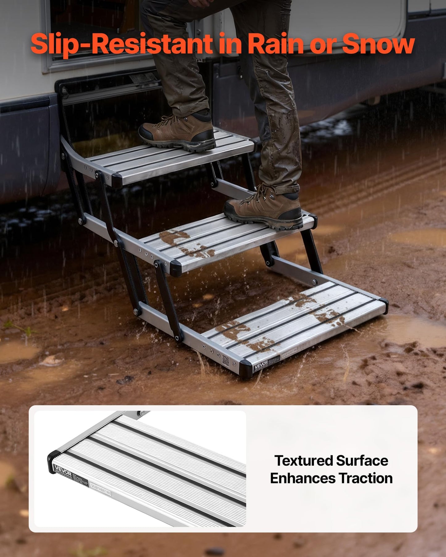 VEVOR RV Steps, 3-Step, 440 lbs Load Capacity, Manual Retractable RV Stairs, Telescopic Folding Aluminum Alloy Camper Steps, Steel Frame Non-Slip Entry Stairs for Camper Van Motorhome Travel Trailer