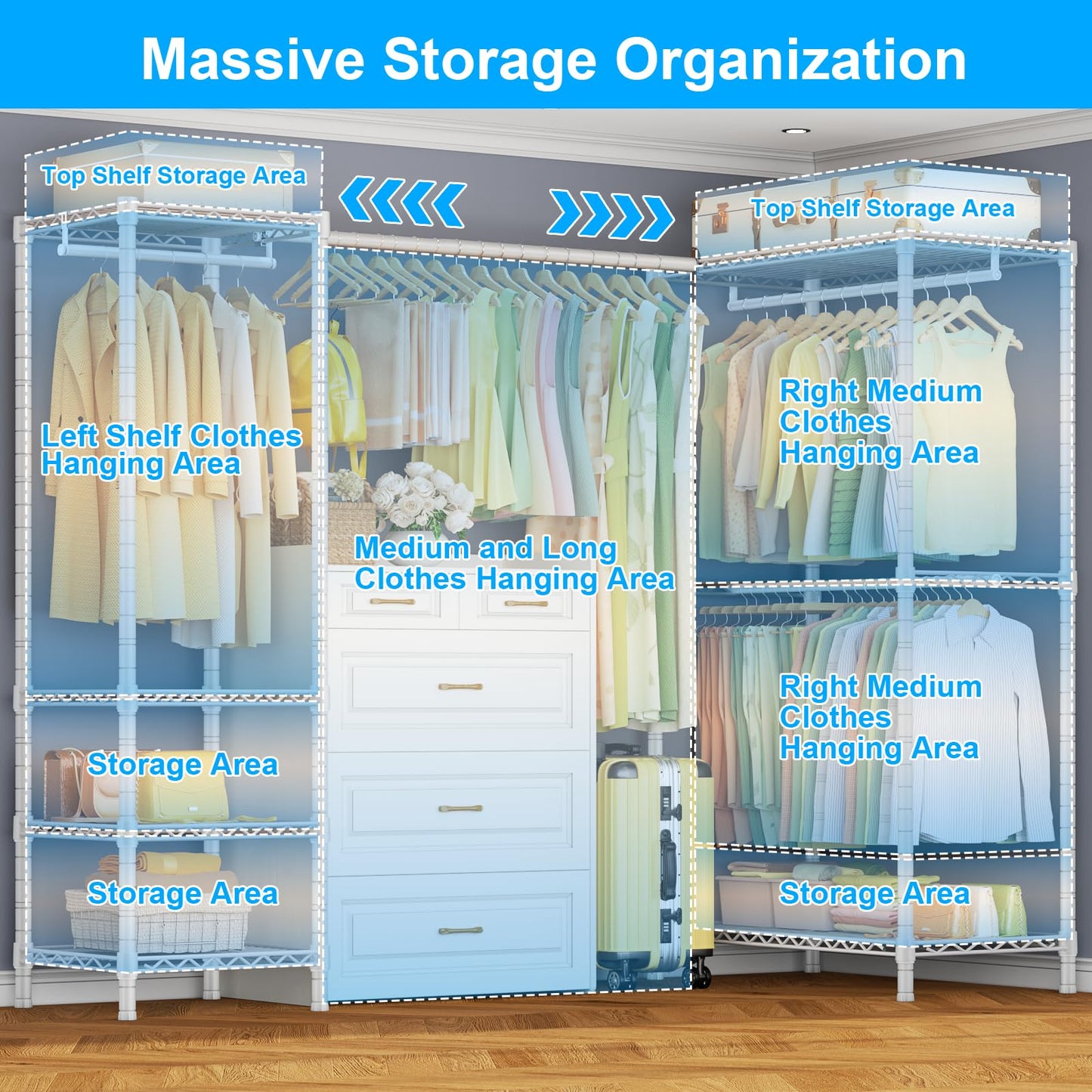 ULIFHOME E10L L-Shaped Clothes Rack for Corner（With Expandable Hanger Rod）Heavy Duty Freestanding Clothing Racks for Hanging Clothes，Portable Garment Rack 58-82"W x 30"D x 72"H，Max Load 900LBS, White