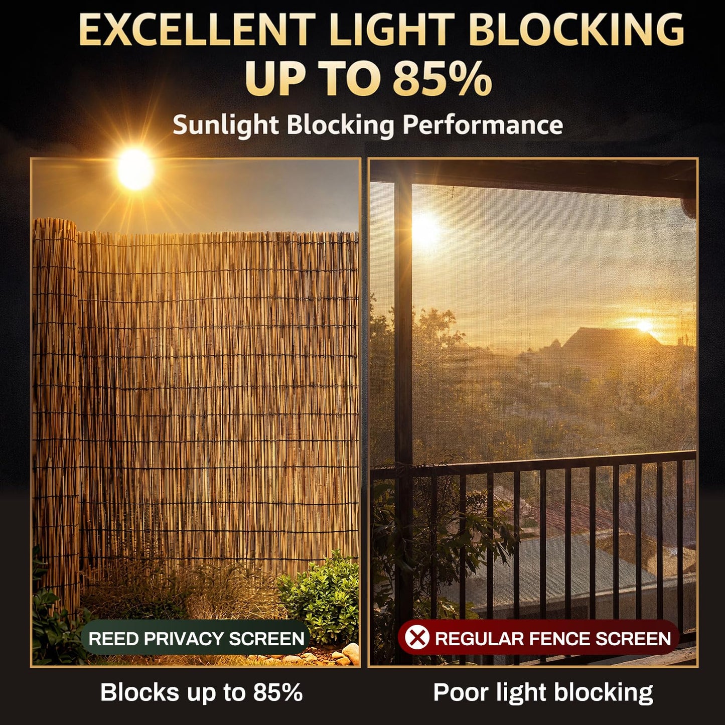 Barydat 3 Pcs 4 x 16.4 ft Reed Fence Roll, 85% Shade Bamboo Privacy Screen, Natural Decorative Reed Fencing for Outdoor Garden Backyard Patio Balcony