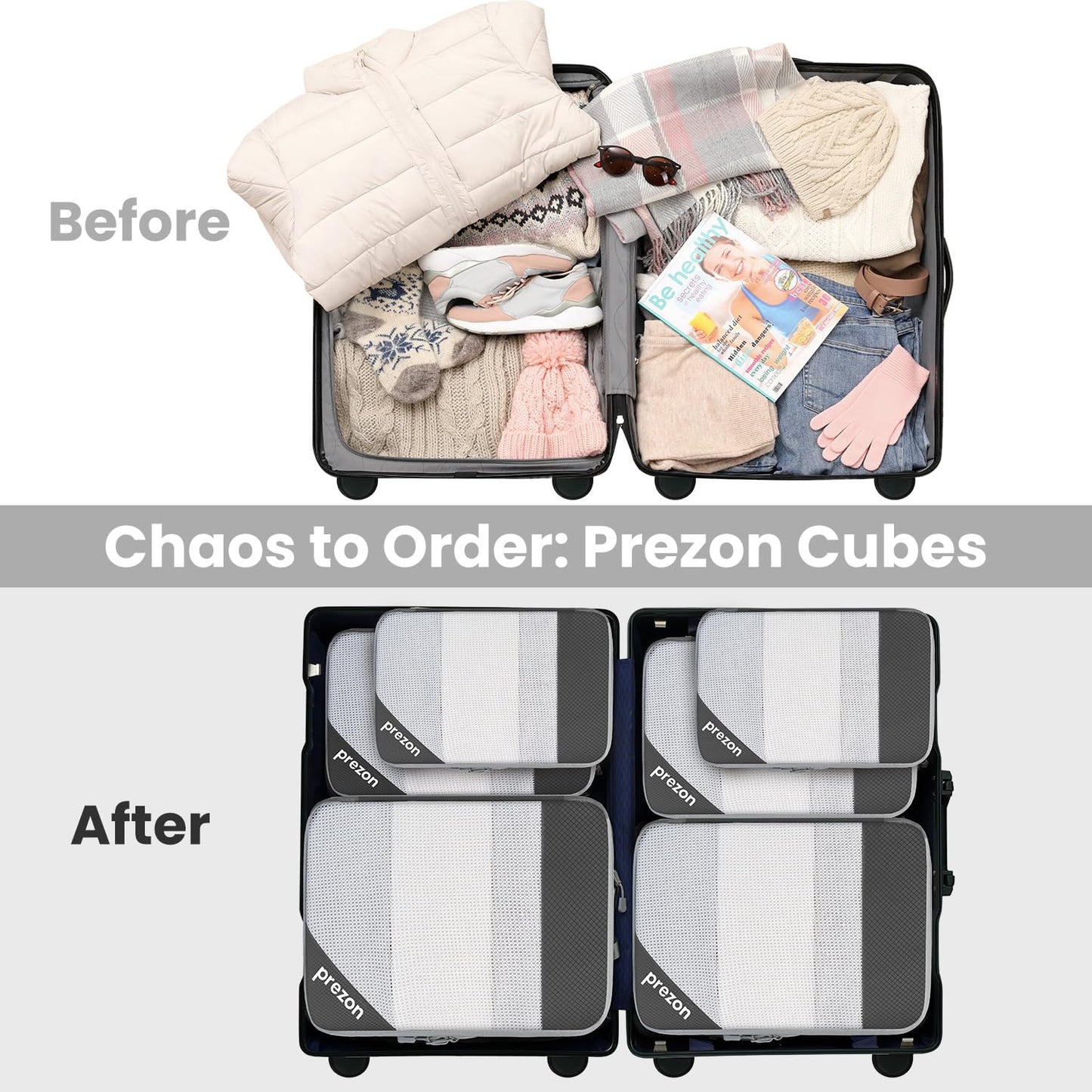 Prezon 8 Set/6 Set/4 Set Compression Packing Cubes for Travel, Lightweight Vacation Travel Essentials,Accessories for Suitcase Organizer Bags Set, Durable Luggage Organizer （6-half mesh-Grey）