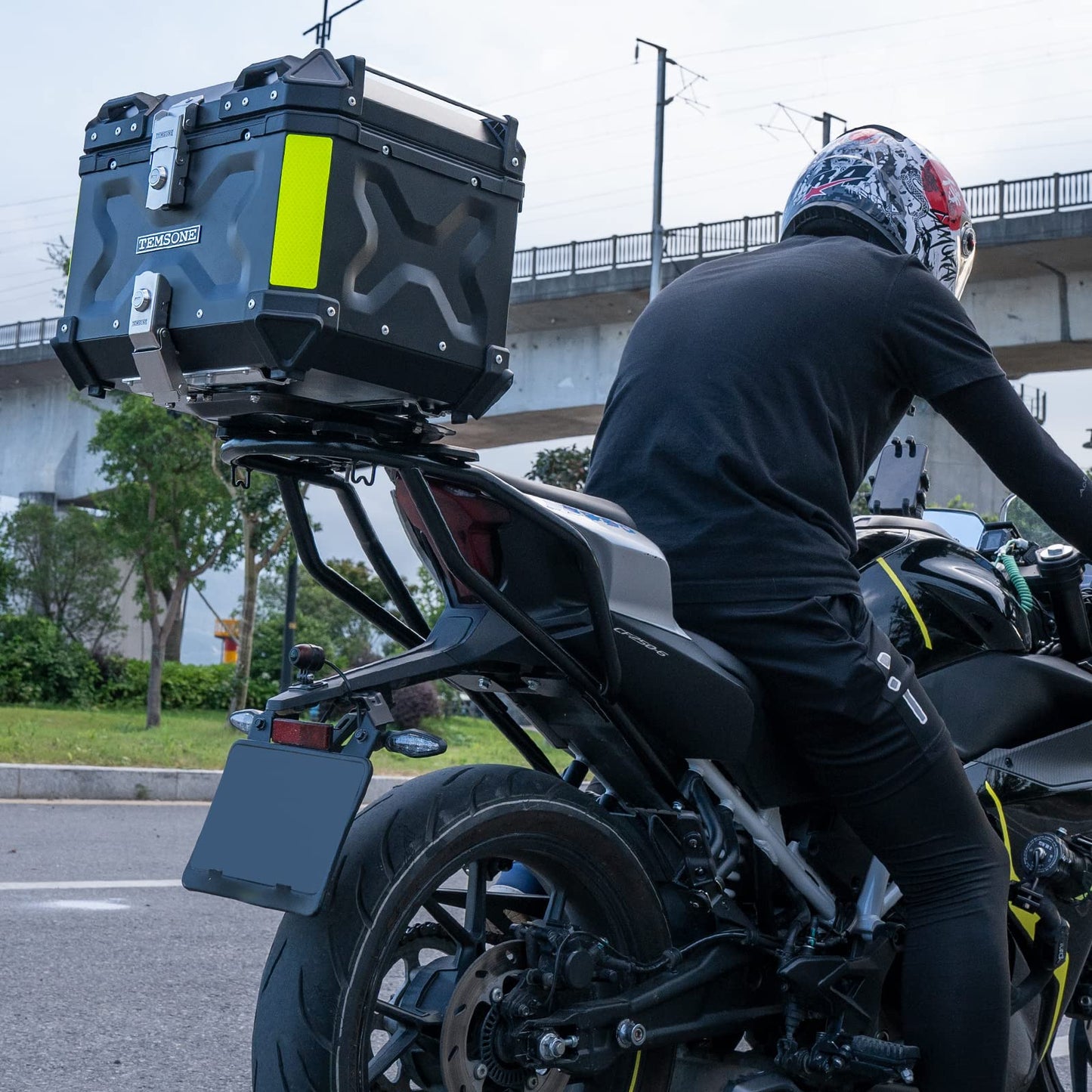 TEMSONE 45L Universal Motorcycle Top Case, Waterproof Motorcycle Tail Box with Backrest & Handle, Dual-key Storage Carrier Case, Aluminum Trunk Tour Tail Box for Store Helmet