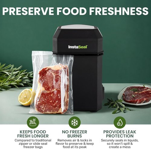 InstaSeal Vacuum Sealer - Preserves Food 5X Longer | Compact Upright Design with 12 Bags Included