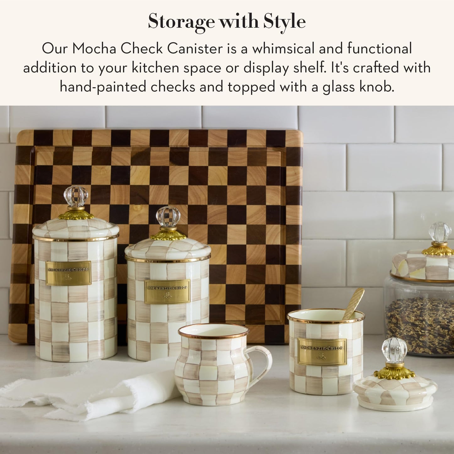 MACKENZIE-CHILDS Enamel Canister, Versatile Kitchen Storage Container for Flour and Sugar, Medium, 48-Ounce Capacity, Brown-and-White Mocha Check