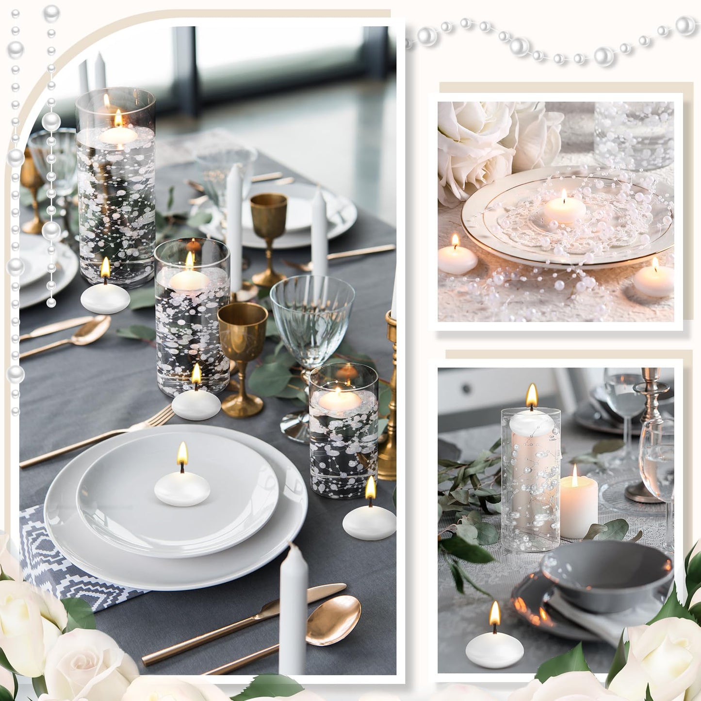 Fumete 40 Pcs White Floating Candles with Pearl Strings, Small Unscented Floating Candles for Wedding Centerpieces, Valentine's Day, Anniversary, Birthday, Elegant Home Decor