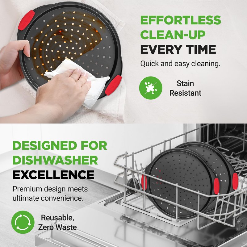 NutriChef 2-Piece 13-Inch Nonstick Pizza Tray, Round Carbon Steel Non-Stick Pizza Pan with Perforated Holes, Premium Bakeware Pizza Screen with Silicone Grip Handles, Dishwasher Safe, NCBPIZX2
