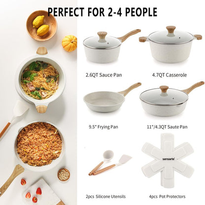 SENSARTE Nonstick Ceramic Cookware Set, 13-Piece Non-toxic Pots and Pans Set, Healthy Kitchen Cooking Set with Stay-Cool Handles, Silicone Tools and Pot Protectors, PFAS Free