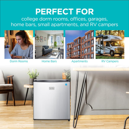 BLACK+DECKER 1.7 Cu. Ft. Compact Refrigerator, ENERGY STAR Certified, Single Door Mini Fridge with Chiller Compartment, Personal Fridge for Home or Dorm Room, R600a Refrigerant, BCRK17V,Stainless Look