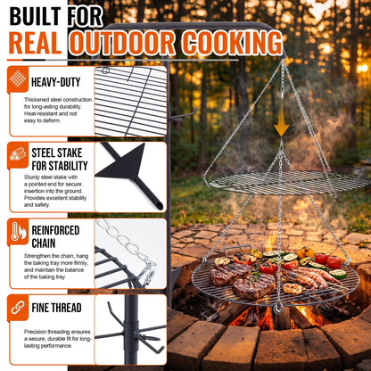 Ferrochef 22" Fire Pit Campfire Grill Grate, 22" Hanging Open Fire Cooking Grill Grate Portable Round Camping Cooking Barbecue Rack Heavy-Duty, Easy Setup & Adjustable Height for Outdoor Camping BBQ