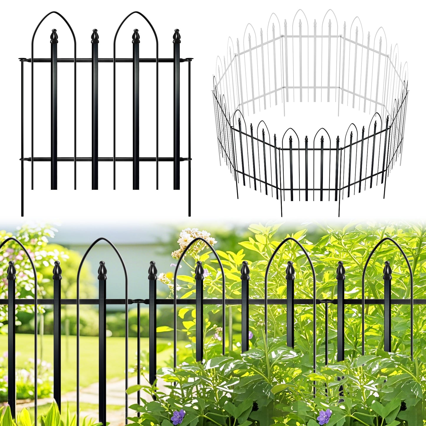 Thealyn Garden Fence 24" W x 24" H (10 Panels, Total 20 ft), Metal Fence Decorative Border Fence, Rustproof Landscape Fencing for Dog, Flower Bed, Yard, Patio, Animal Barrier