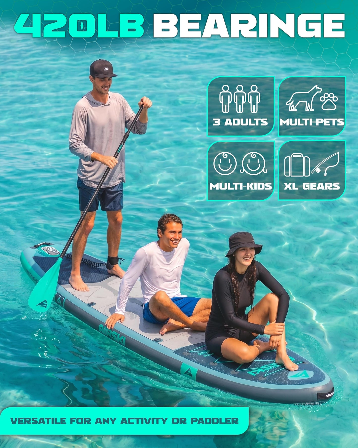 Airski 11'x34'' Extra Wide Inflatable Paddle Board, Stand-up Paddleboard for Adults, 420lb Capacity, Anti-Slip EVA, Stand-up Paddle Board for Yoga/Fishing/Family, US Fin, High-Pressure Pump, 100L Bag