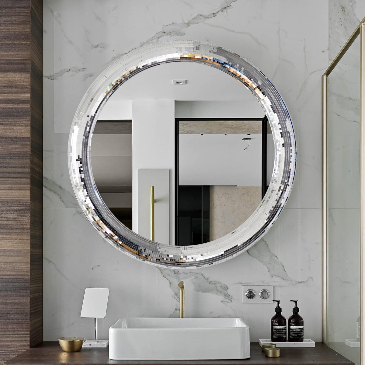 LuHeToz 23.6inch Round Decorative Wall Mirror with Mosaic Glass Frame, Silver Bathroom Vanity Mirror