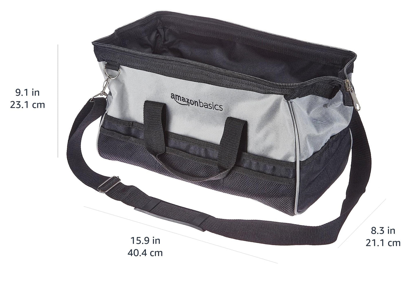 Amazon Basics Durable Wear-Resistant Tool Storage Bag with Adjustable Shoulder Strap,Portable Tool Organizer,16 in,Black & Grey,(Pack of 8)