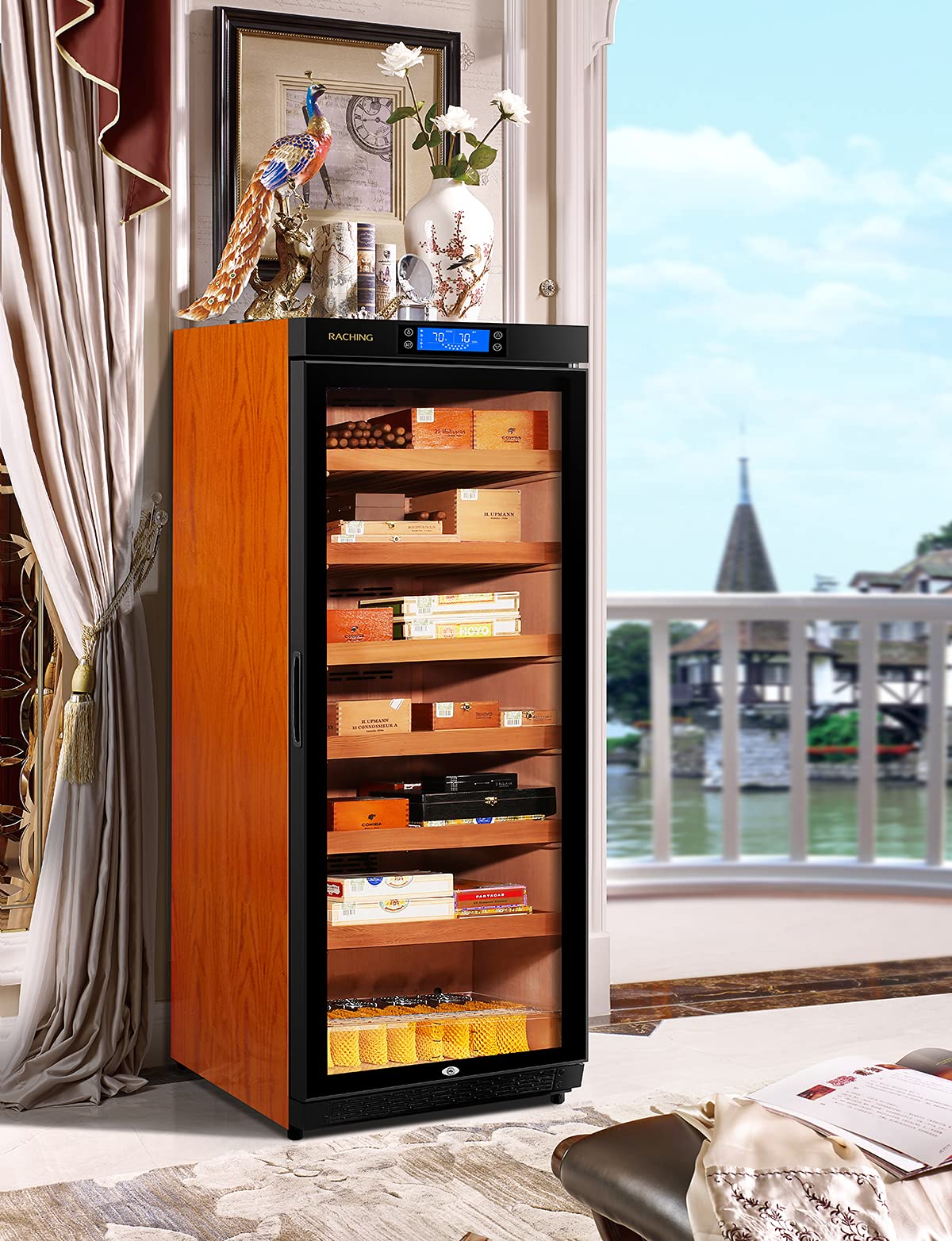 Cigar Climate Control Cabinet, Raching 330L Cigar Humidor Cabinet for Storing&Aging, Wood Frame with Constant Temperature and Humidity System, 6 Premium Canada Cedar Trays - Piano Paint Black