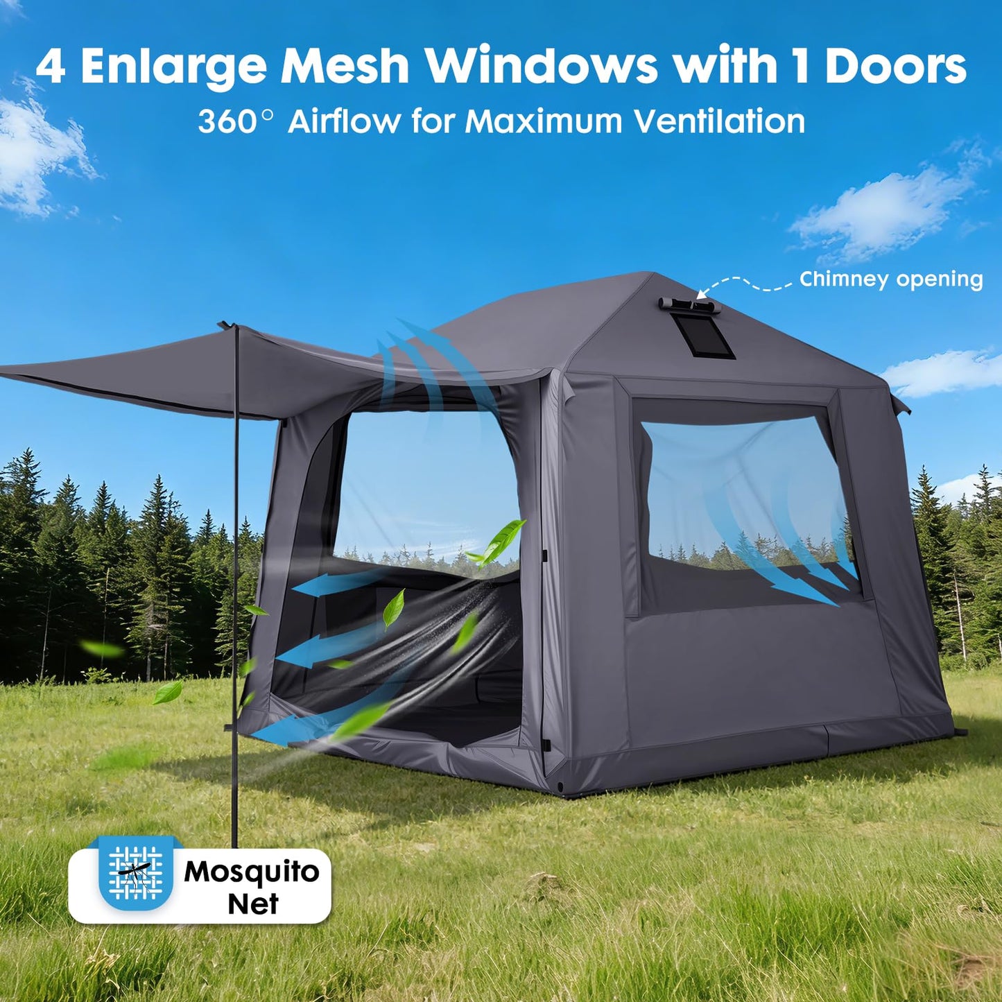 Inflatable Tents for Camping 2-4 Person, Blow Up Tent with Skylight & Awning, Waterproof Inflatable Camping Tent with Mesh Windows, Portable Tent Camping Essentials, Easy Setup with Hand Pump