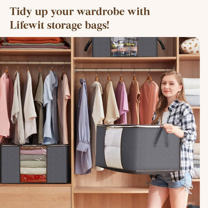 Lifewit 60L Clothes Storage Bins - 12 Pack Foldable Bags with Zippers & Clear Windows | Ideal for Organizing Clothing & Bedding