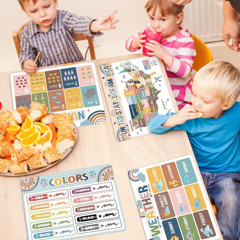 Educational Preschool Kids Placemats Set of 6 Boho Plastic Table Mats Toddler Children Montessori Place Mats for Kids Washable Holiday Desk Decoration for Indoor Outdoor Party Kitchen Dining Table