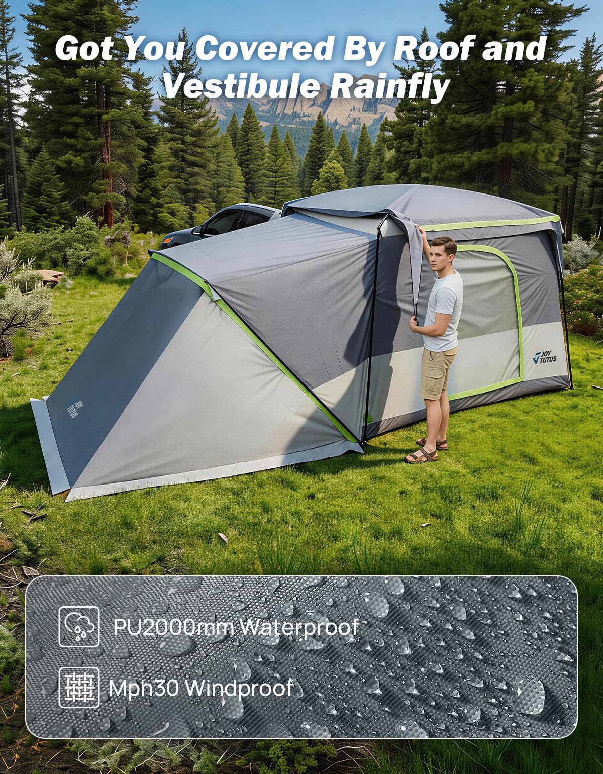 JOYTUTUS SUV Tent with 2 Rooms, Rainfly & Awning for Family Camping, 60% More Space Car Tent for 5-9 Person, Dual-Use for SUV or Ground Camping Tent with Screen Porch, Double Door,Mesh Roof