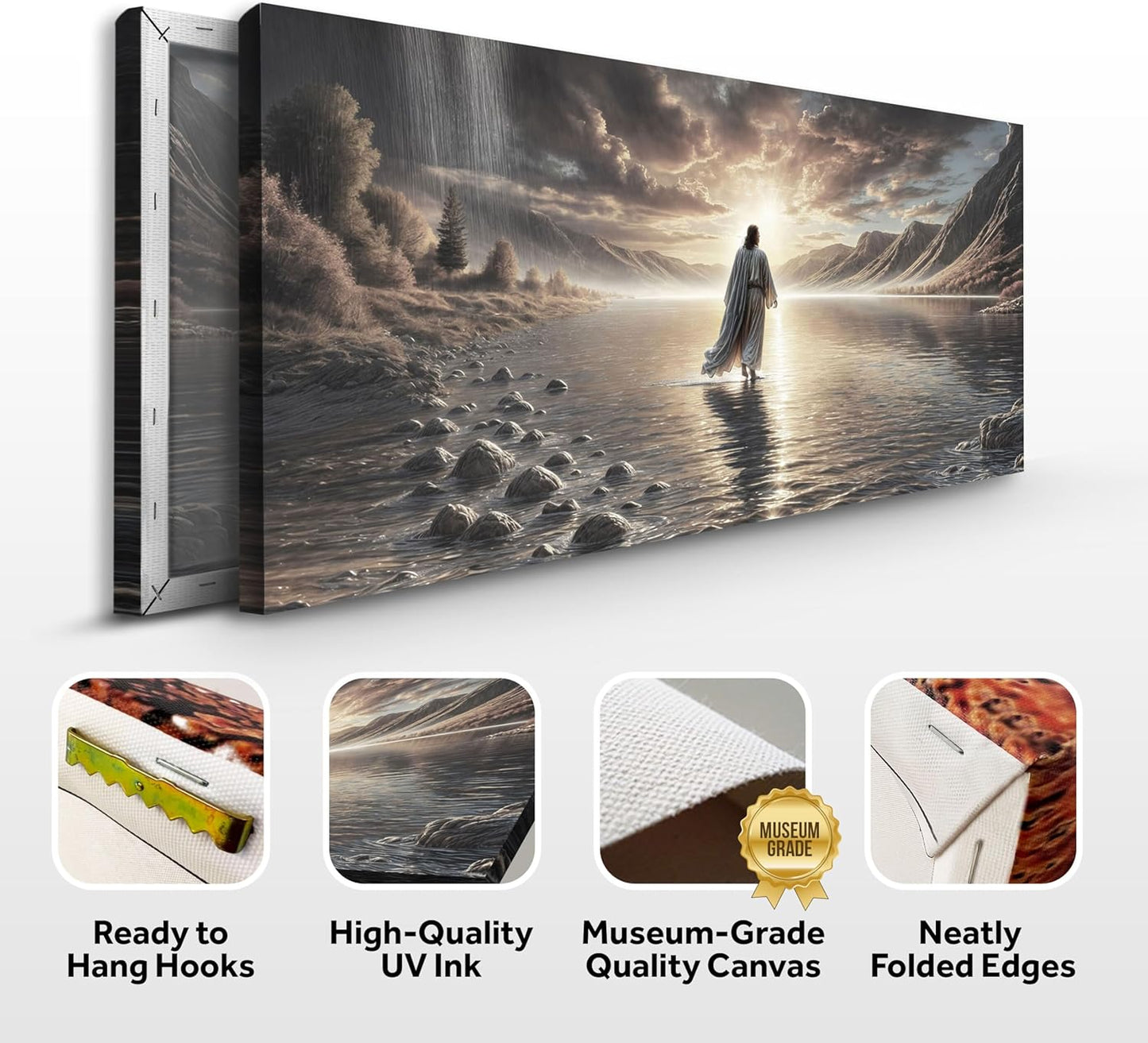 TAILORED CANVASES Jesus Walking on Water Wall Art - Framed Christian Decor for Living Room, Church | 48x24