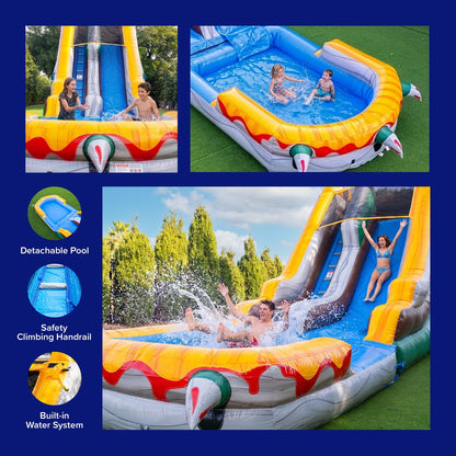 HeroKiddo 18ft T-Rex Inflatable Water Slide with Detachable Pool and Blower, 29ft Long- 100% Commercial PVC Vinyl, Heavy Duty Wet/Dry Slide for Kids and Adults, Front Load Entry for Easy Supervision