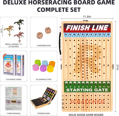 21 Large Horse Race Board Game - Solid Wood Horse Racing Game with 11 Metal Horses 60 Poker Chips Dice &amp Cards Foldable Tabletop Party Game for Adults Family Game Night &amp Friends