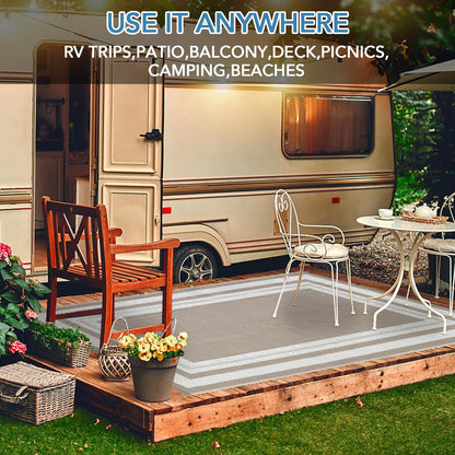 GarveeHome Outdoor Patio Rug 10x20 Plastic Straw Rug Waterproof Large Outdoor Rugs Reversible Portable Camping Rugs Lightweight Floor Mat for RV Porch Balcony Patios Picnic Outside Grey Beige Panel