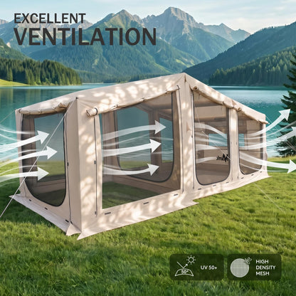 Inflatable Tent for Camping,16.4'x7'x7' Blow Up Tent 8-12 Person,3 Room Tent with Divided Curtain,Hot Tent with Stove Jack, Inflatable House with Pump, Quick Setup Air Glamping Tent for Family Outdoor