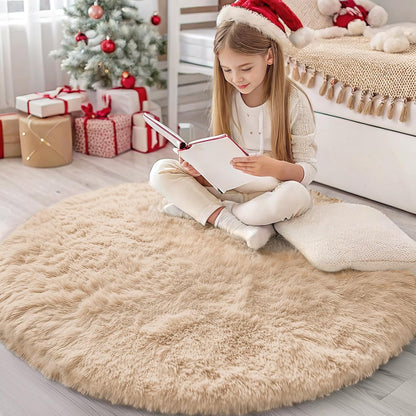 OLANLY Round Beige Area Rug - Soft, Fluffy, Machine Washable 4 ft Circle Carpet for Bedroom & Living Room