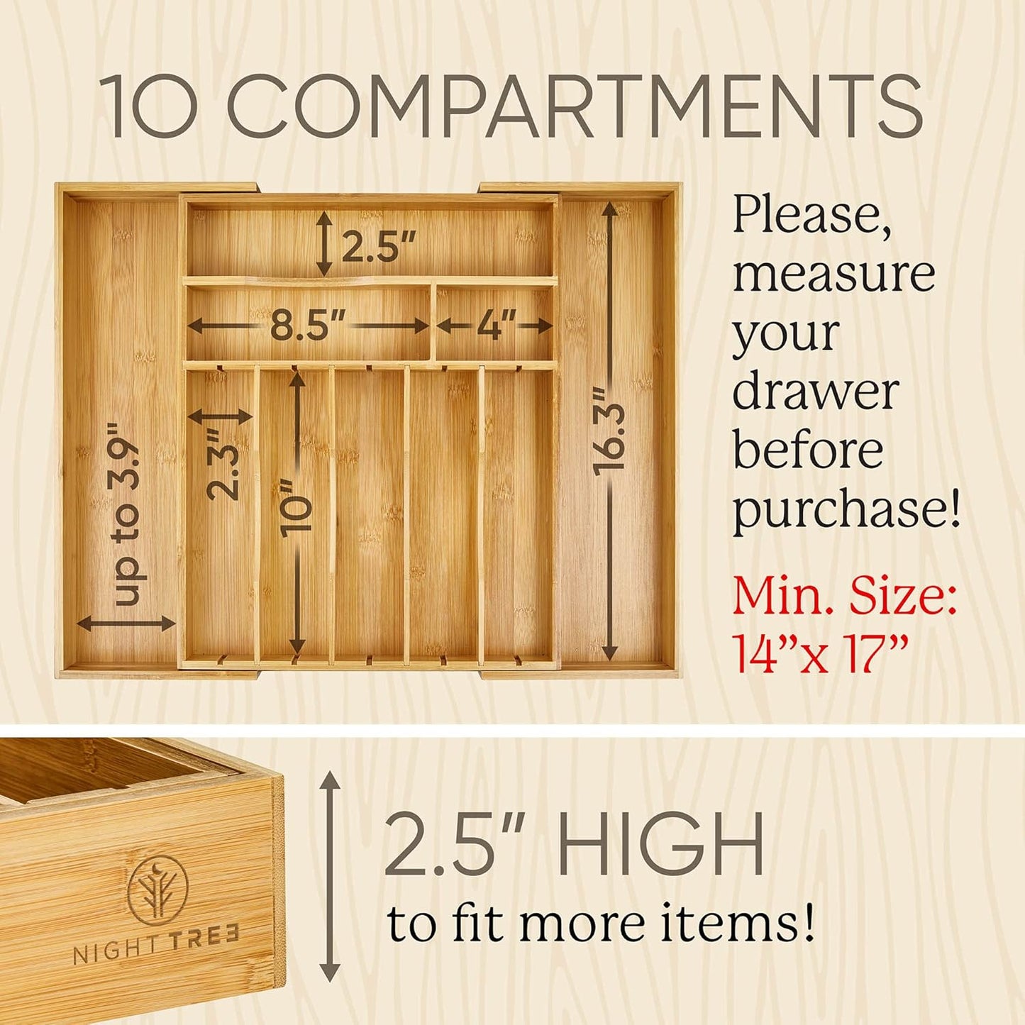 Night Tree Silverware Drawer Organizer - Extra Deep Bamboo Flatware Tray with Adjustable Dividers (14"-21.6" Wide)