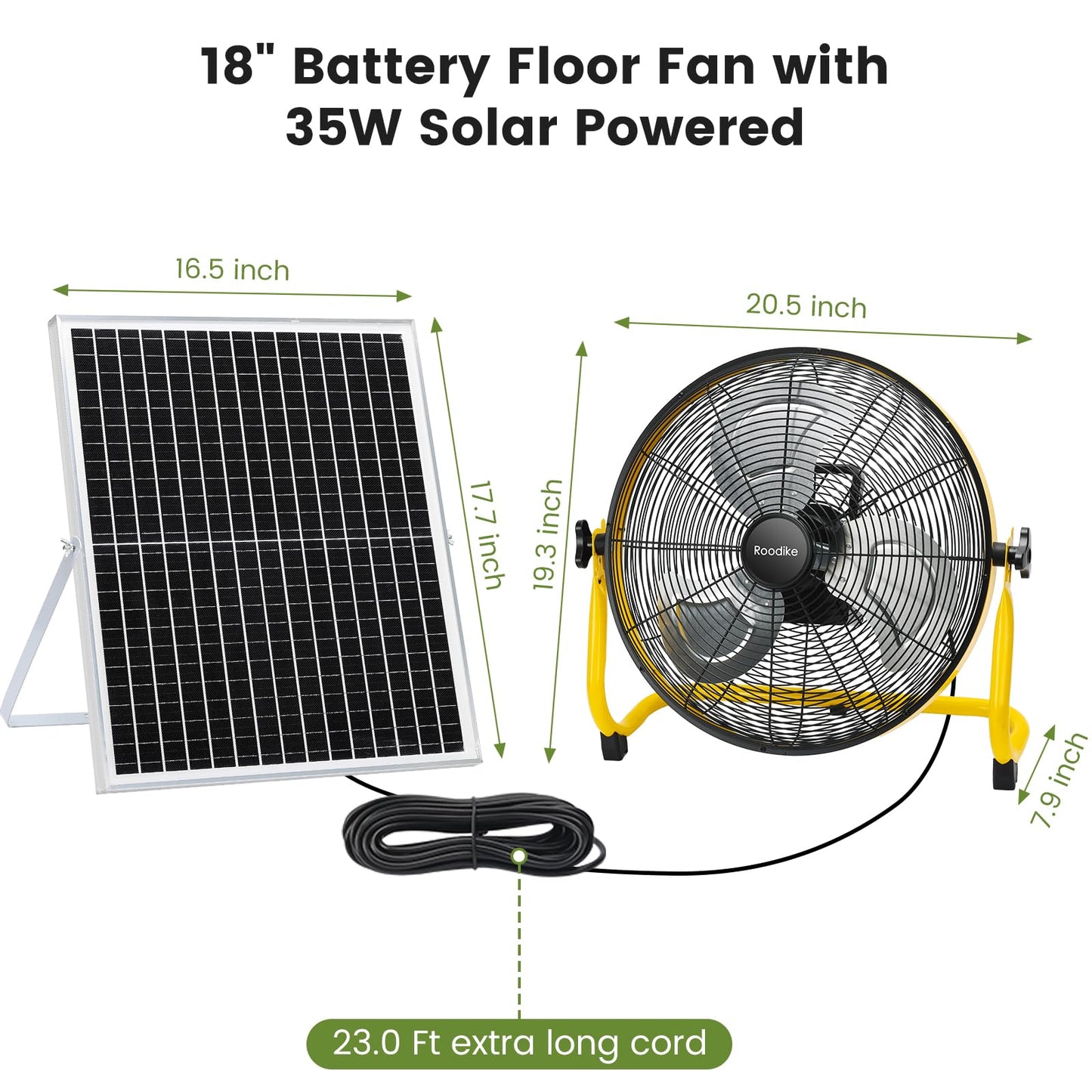 Roodike 18" Solar Rechargeable Floor Fan, 35W Solar Powered Battery Operated Fans for Outdoor Garden Greenhouse Barn Stable Camping Garage Air Circulation Cooling