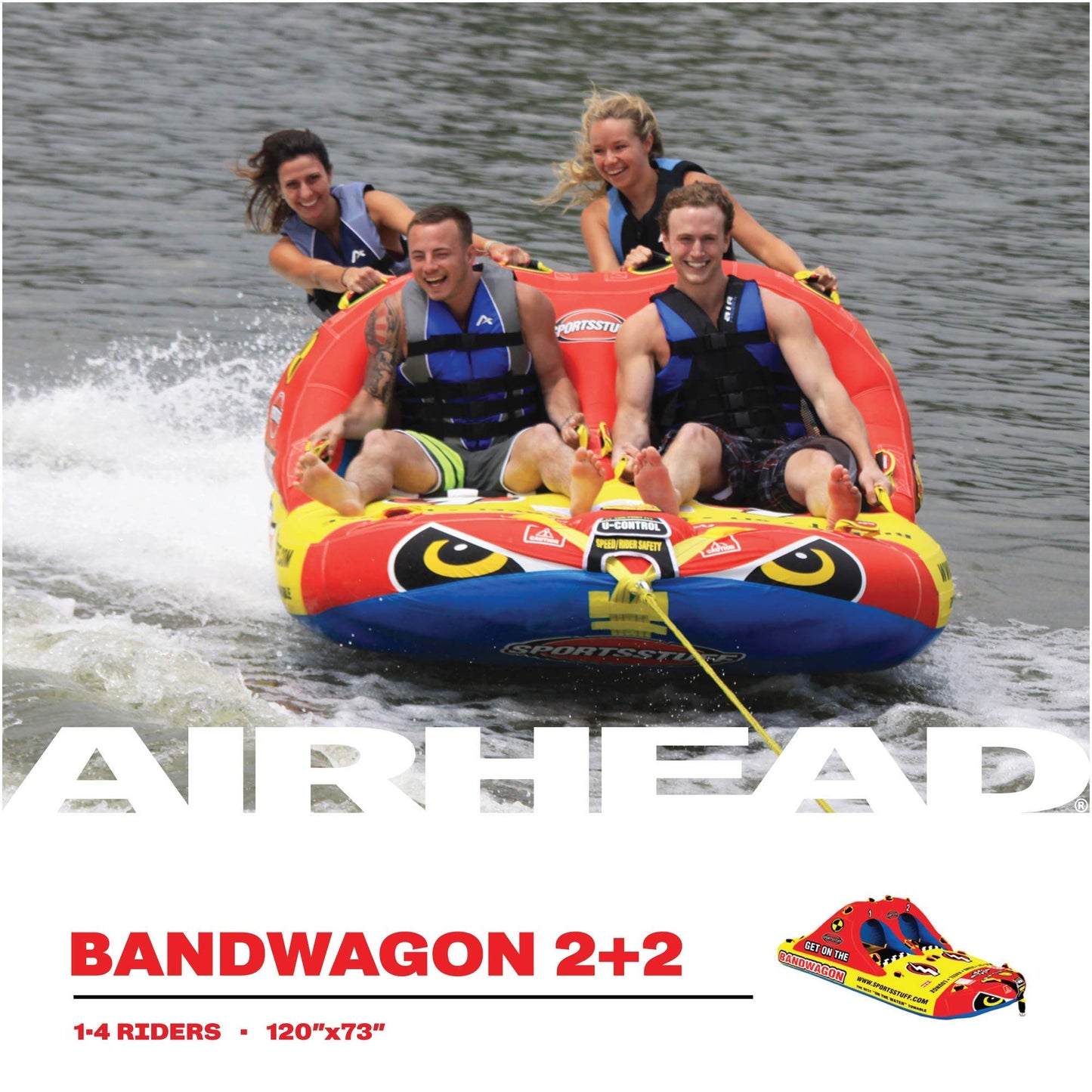 SportsStuff Bandwagon 2+2 Towable 1-4 Rider Tube for Boating and Water Sports, Kwik-Connect Tow, Heavy-Duty Full Nylon Cover and EVA Padding