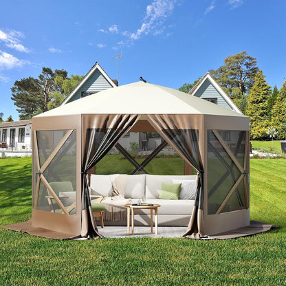 GAOMON 12x12ft Camping Gazebo, Portable Pop Up Canopy Screen Tent 6 Sided with Mesh Windows and Carry Bag for Camping, Outdoor, Picnic, Backyard Party Outside Activities, Gray