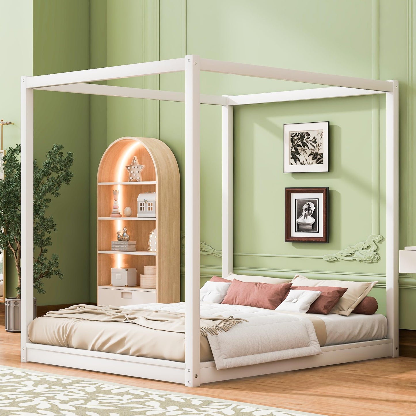 Merax Wooden Canopy Platform Bed Frame Queen Size Floor Bed/Mattress Foundation with Slat Support White