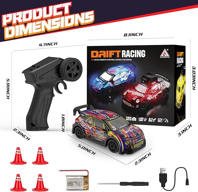 1:32 Scale mini rc Drift car 4WD 25KM/H 2.4GHz Stunt Drifting RC Toys with LED Lights 4 Obstacles Rechargeable Racing Car Suitable as a Gift for Adults and Children