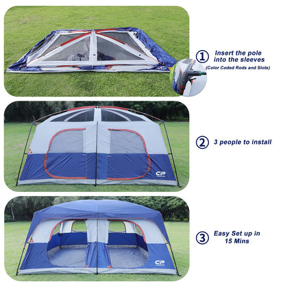 CAMPROS CP 12 Person Cabin Tent, 2 Room Extra Large Straight Wall Camping Tents Waterproof Windproof with Top Rainfly, 6 Large Mesh Windows, Double Layer, Easy Set Up Family Tent