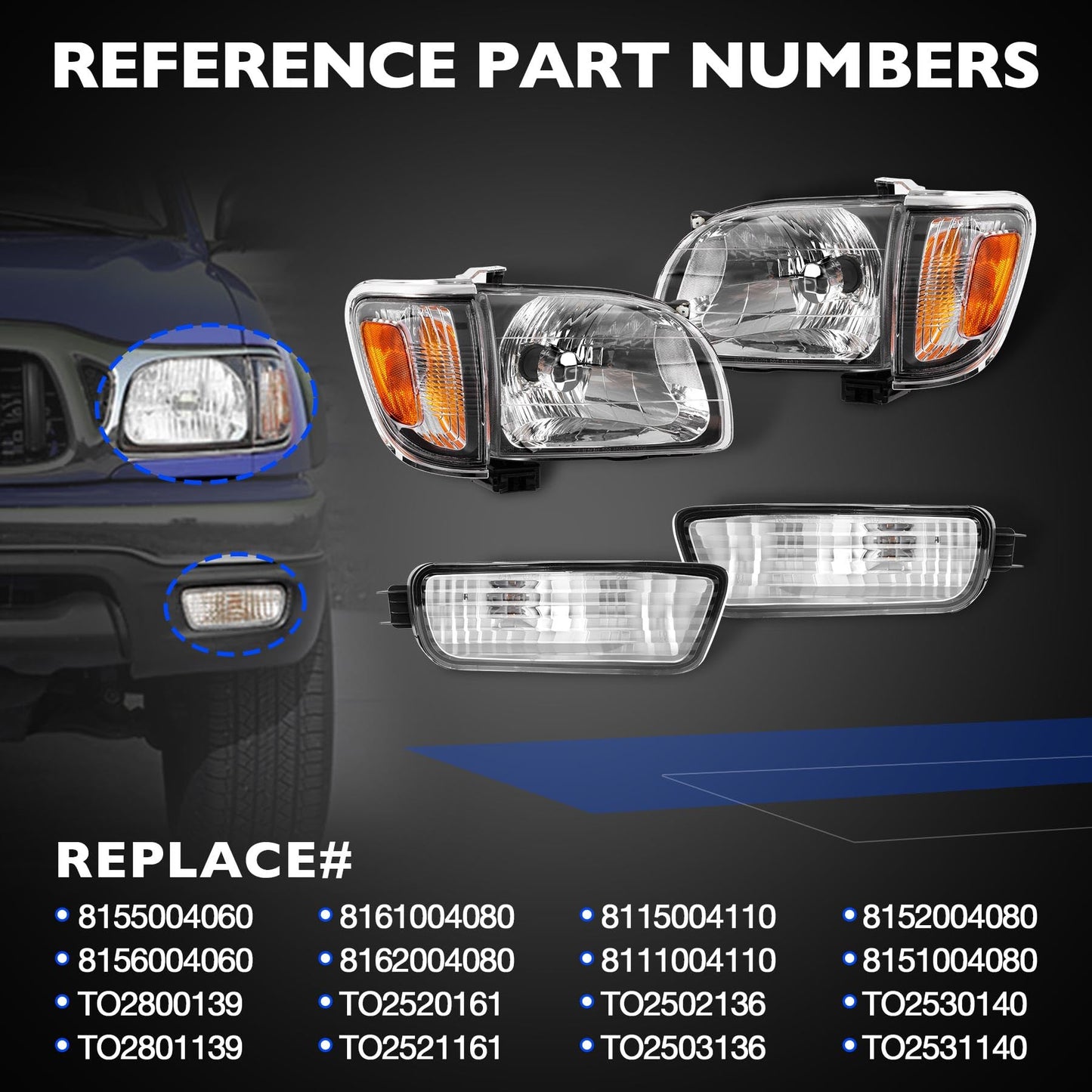 Headlight, Tail Light & Fog Light Assembly Compatible with 2001–2004 Toyota Tacoma, Driver & Passenger Side (Headlights w/o, Taillights w/Bulbs), Replaces 81150-04110, 81110-04110
