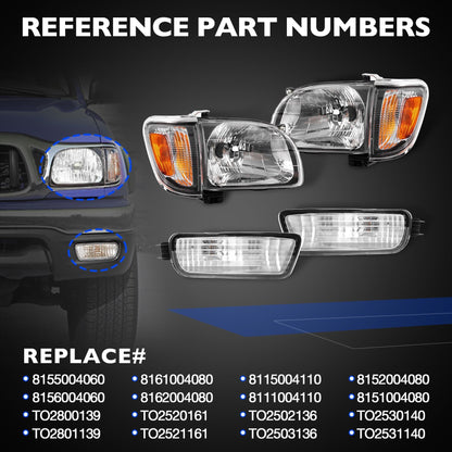 Headlight, Tail Light & Fog Light Assembly Compatible with 2001–2004 Toyota Tacoma, Driver & Passenger Side (Headlights w/o, Taillights w/Bulbs), Replaces 81150-04110, 81110-04110