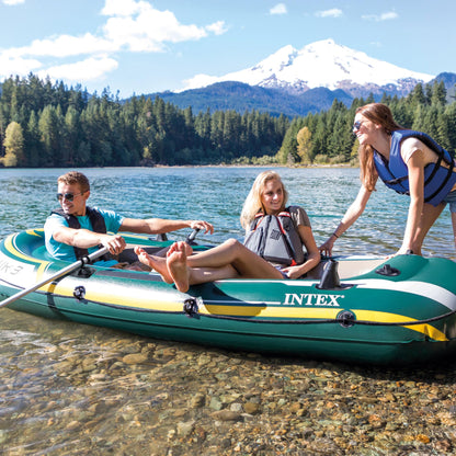 INTEX 68380EP Seahawk 3 Inflatable Boat Set: Includes Deluxe 54in Boat Oars and High-Output Pump – SuperStrong PVC – Fishing Rod Holders – 3-Person – 790lb Weight Capacity