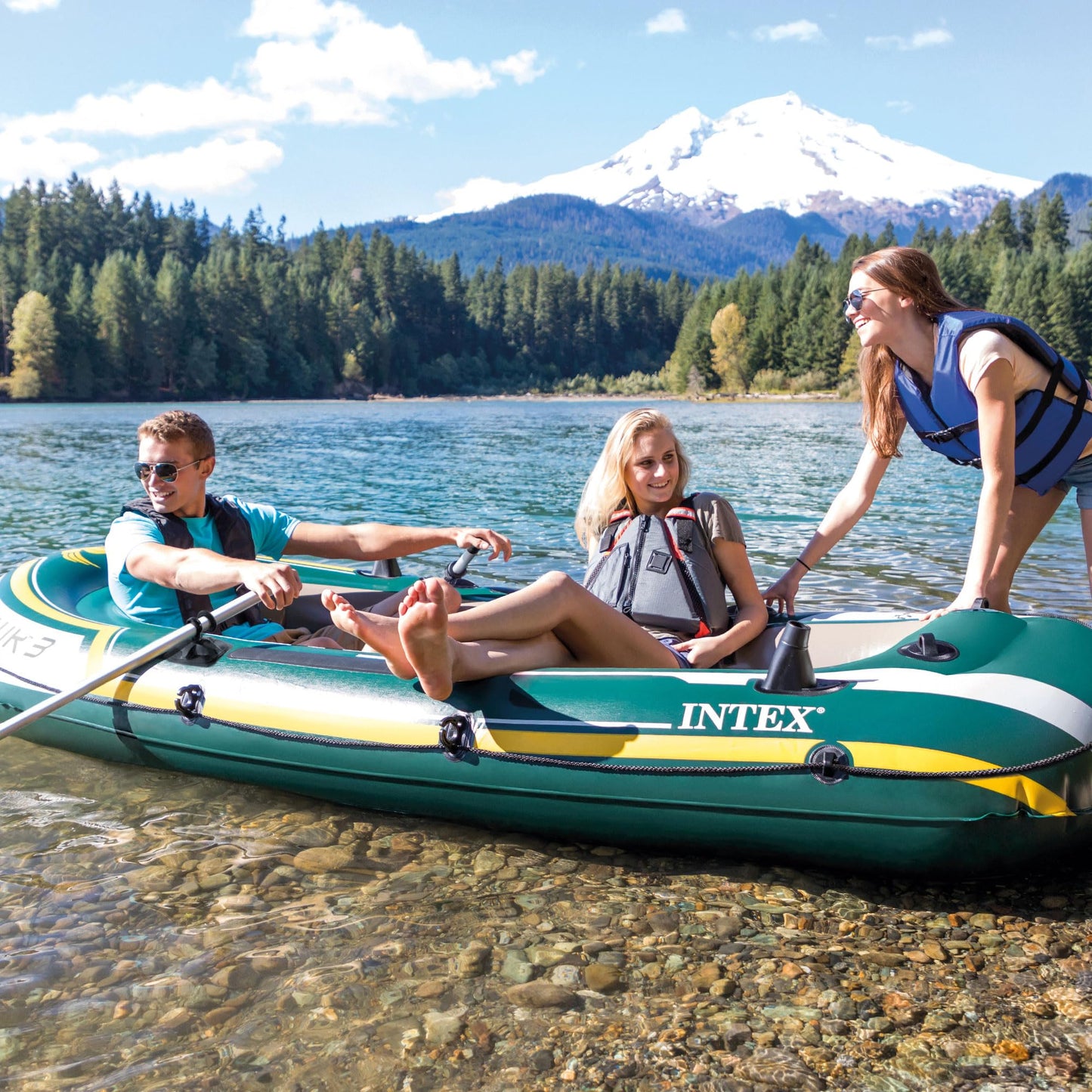 INTEX 68380EP Seahawk 3 Inflatable Boat Set: Includes Deluxe 54in Boat Oars and High-Output Pump – SuperStrong PVC – Fishing Rod Holders – 3-Person – 790lb Weight Capacity