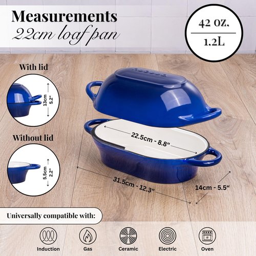 Dutch Oven For Sourdough Bread Baking – Enamelled Cast Iron Bread Loaf Pot – Oven Safe Non Stick Bread Pot – Rectangular, Dark Blue, 24cm x 16cm – by Nuovva