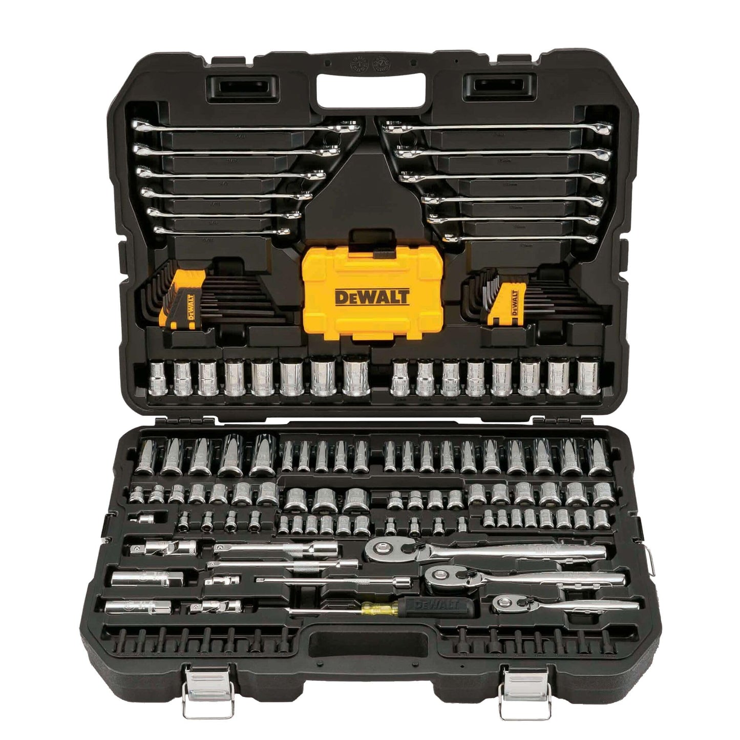 DEWALT Mechanic Tool Set with Case, Socket Set Metric and Standard Full, 1/4" & 3/8" Drive, Hex Keys and Specialty Tools, 168-Piece (DWMT73803)
