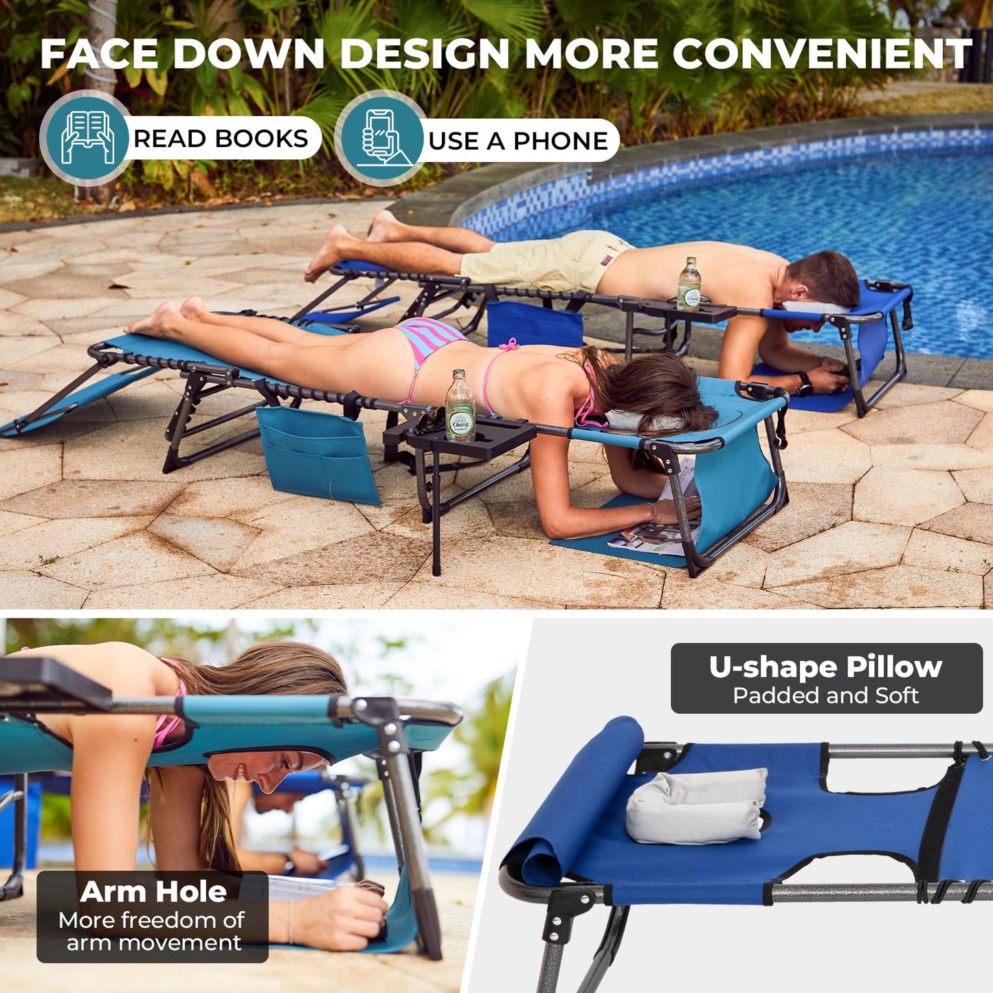 FUNDANGO 4 in 1 Tanning Chair with Face Hole, Beach Lounge Chair with Canopy Shade & Side Table Chaise Lounge Chairs for Patio, Pool, Lawn, Sunbathing, 5-Position Adjustable Sun Lounger, Blue
