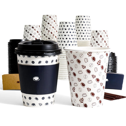 12oz To Go Coffee Cups with Lids, Sleeves and Stirrers (100 Pack), Disposable Paper Cups with two Designs for Home, Business and Café. Hot/Cold Beverage Drinking Cups for Water, Juice or Tea.