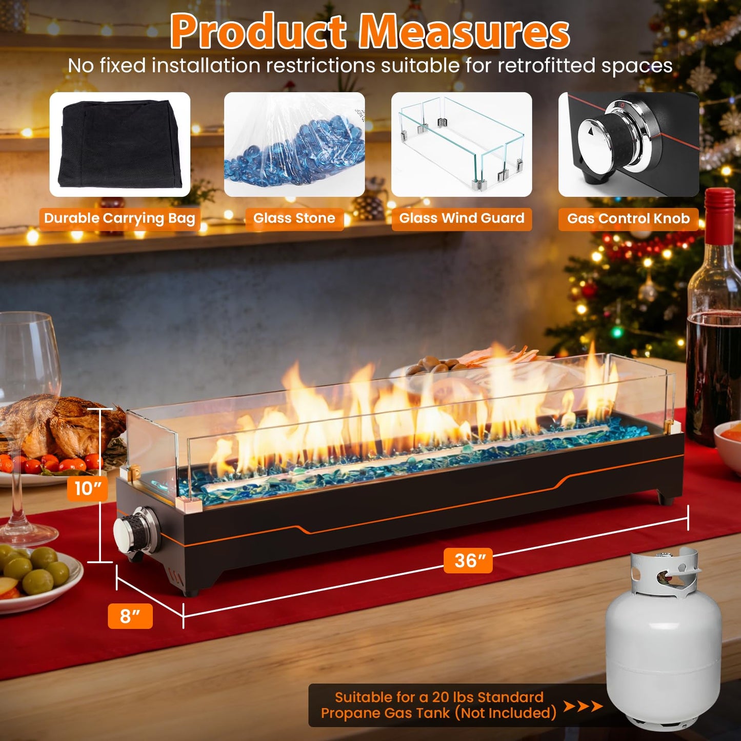 GRISUN 36" Table Top Propane Fire Pit, 50000 BTU Tabletop Gas Fire Pit, Tabletop Firepit for Patio, Outdoor Portable Fireplace, Rectangular Fire Bowl with Glass Wind Guard, Glass Beads & Cover