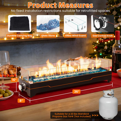 GRISUN 36" Table Top Propane Fire Pit, 50000 BTU Tabletop Gas Fire Pit, Tabletop Firepit for Patio, Outdoor Portable Fireplace, Rectangular Fire Bowl with Glass Wind Guard, Glass Beads & Cover