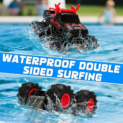 1:16 Waterproof Monster Truck Toys RC Cars 2.4GHz Remote Control Truck for Kids Boy Ages 89101112 Years Old 4WD All Terrain Off-Road with LED Lights RC Boat for Boy Girl Birthday Gift - Red
