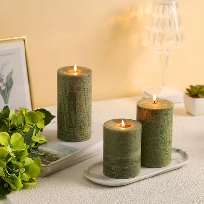 Moss Green Pillar Candles Set of 3 - Hand-Poured Unscented Candles,Smokeless Dripless Candles for Dinner Table and Home, Set of 3 in Different Sizes (3"x4", 3"x5", 3"x6")